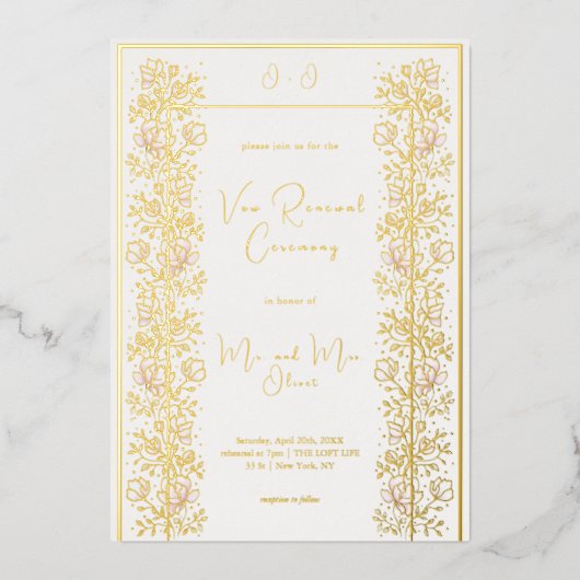 ピンクのマグノリアの誓いの更新 箔招待状 (正面)