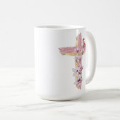 ピンクのマグノリアスとクリスチャンの十字架 コーヒーマグカップ (正面右)