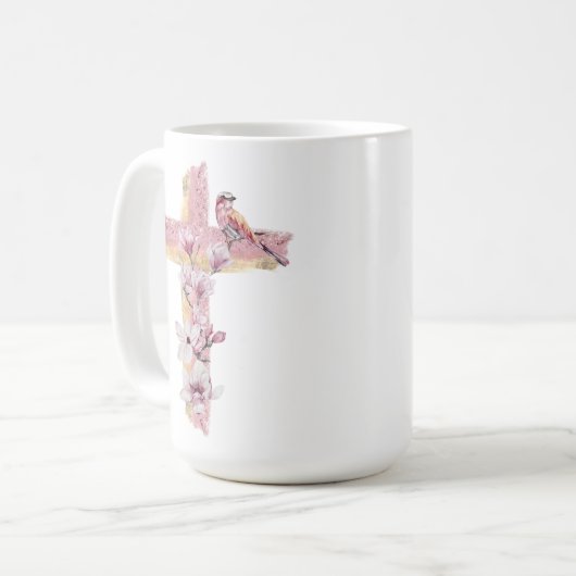 ピンクのマグノリアスとクリスチャンの十字架 コーヒーマグカップ (正面左)
