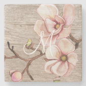 ピンクのマグノリアスと熟成された木材モノグラム ストーンコースター (正面)