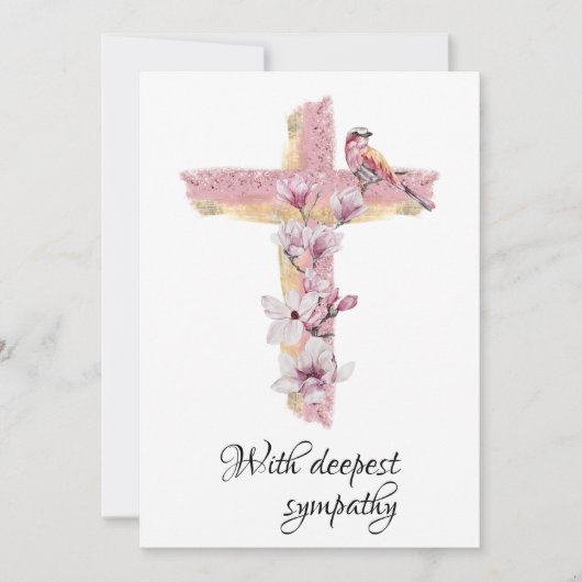 ピンクのマグノリアス悔やみや弔慰カードでクロス 招待状 (正面)