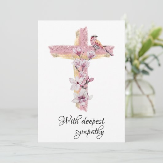 ピンクのマグノリアス悔やみや弔慰カードでクロス 招待状 (スタンド正面)