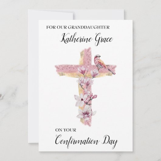 ピンクのマグノリアスcとクリスチャンパーソナライズされたクロス 案内状 (正面)