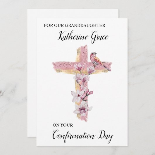 ピンクのマグノリアスcとクリスチャンパーソナライズされたクロス 案内状 (正面/裏面)