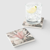 ピンクのマグノリア枝のスケッチ ストーンコースター (横)