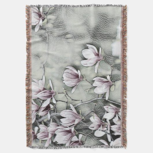 ピンクのマグノリア枝スケッチ灰色の黒の背景 スローブランケット (正面縦)