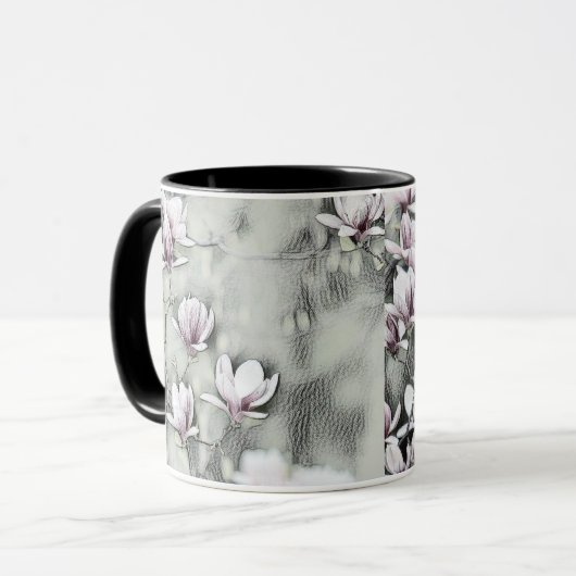 ピンクのマグノリア枝スケッチ灰色の黒の背景 マグカップ (正面左)