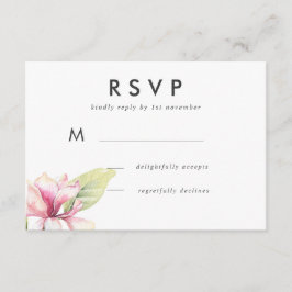 ピンクのマグノリア水彩ウェディング返信カード 出欠カード