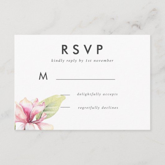 ピンクのマグノリア水彩ウェディング返信カード 出欠カード (正面)