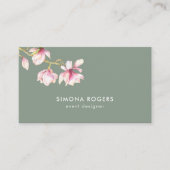 ピンクのマグノリア水彩セージ緑の背景 名刺 (正面)