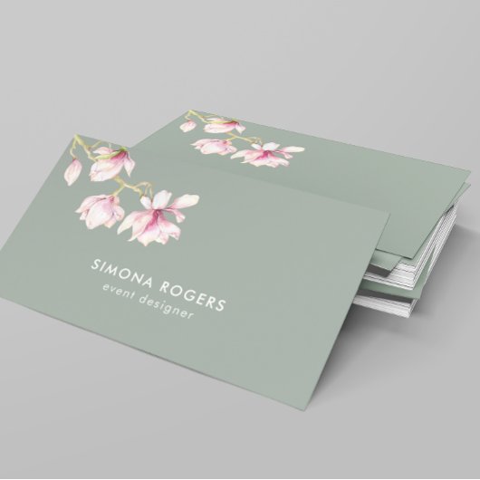ピンクのマグノリア水彩セージ緑の背景 名刺