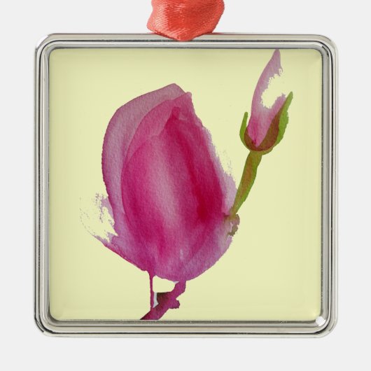 ピンクのマグノリア水彩花アート メタルオーナメント (正面)