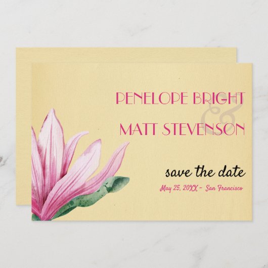 ピンクのマグノリア花の日付を保存 招待状 (正面/裏面)