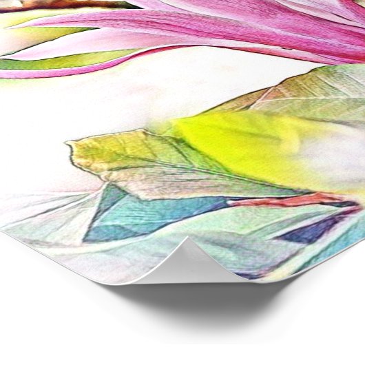 ピンクのマグノリア花の水色ブルー背景 ポスター (角)