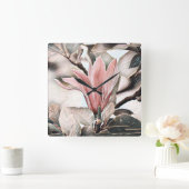 ピンクのマグノリア花枝のスケッチ スクエア壁時計 (ホーム)