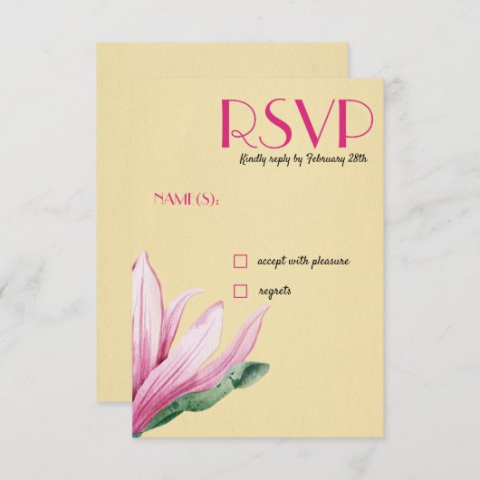 ピンクのマグノリア花 |ヴィンテージ紙ウェディングRSVP 招待状 (正面/裏面)