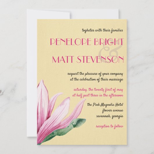 ピンクのマグノリア花 |ヴィンテージ結婚紙 招待状 (正面)