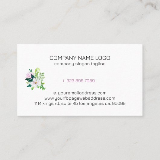 ピンクのマグノリア葉と、水彩ブーケ 名刺 (裏面)