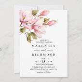 ピンクのマグノリア エレガント ウォーターカラー フラワーズ ウェディング 招待状 (正面)