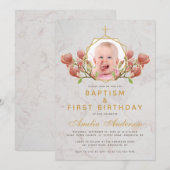 ピンクのマグノリア　フォトガール　洗礼　ファーストバースデー 招待状 (正面/裏面)