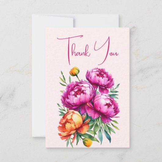 ピンクのマジェンタと桃の芍薬が優雅な結婚前のお披露目パーティー サンキューカード (正面)