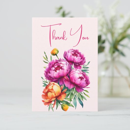 ピンクのマジェンタと桃の芍薬が優雅な結婚前のお披露目パーティー サンキューカード (スタンド正面)