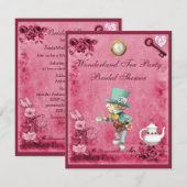 ピンクのマッドハッター ワンダーランド ティーパーティー ブライダルシャワー 招待状 (正面/裏面)