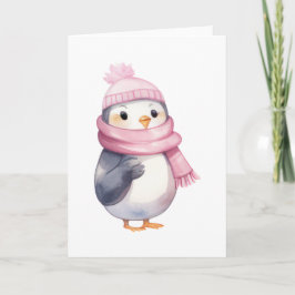 ピンクのマフラーが似合う水彩ペンギン カード