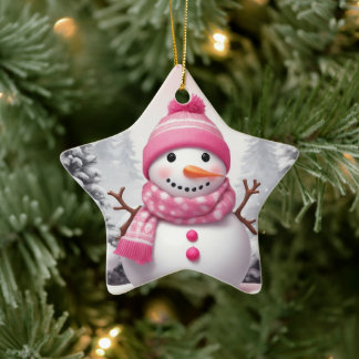 ピンクのマフラーが可愛いクリスマスの雪だるま セラミックオーナメント