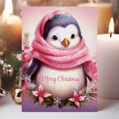 ピンクのマフラーをしたかわいいペンギンのクリスマス シーズンカード