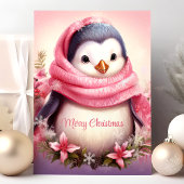 ピンクのマフラーをしたかわいいペンギンのクリスマス シーズンカード