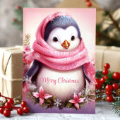 ピンクのマフラーをしたかわいいペンギンのクリスマス シーズンカード