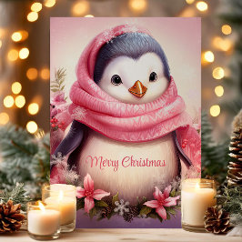 ピンクのマフラーをしたかわいいペンギンのクリスマス シーズンカード