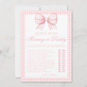 ピンクのママまたはパパはギンガムベビーシャワーゲームを弓 招待状 (正面)