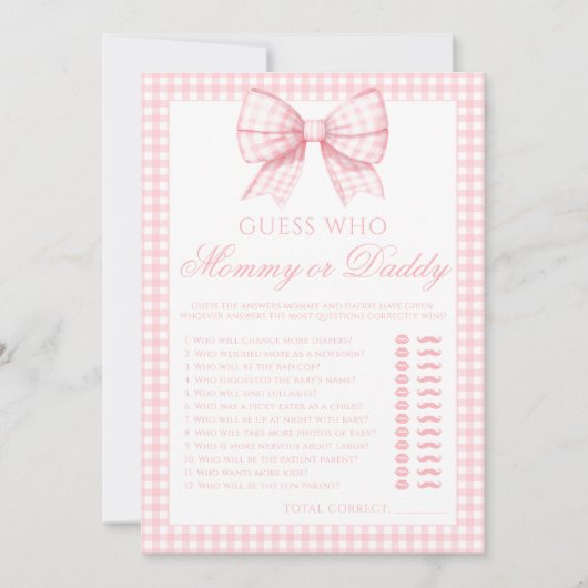 ピンクのママまたはパパはギンガムベビーシャワーゲームを弓 招待状 (正面)