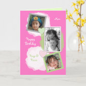 ピンクのママ誕生日写真あいさつ カード (黄色い花)