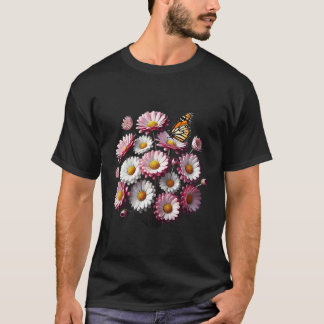 ピンクのマーガレットデイジーの花のモナークバタフライSh Tシャツ
