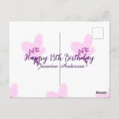 ピンクのマーブルの花の15歳の誕生日クインセアニェーラ名前のデザイン ポストカード (裏面)
