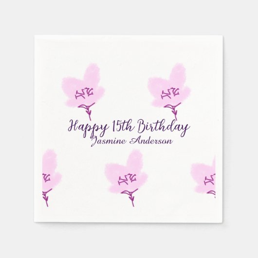ピンクのマーブルの花の15歳の誕生日+キンセイェーラ+名前入り スタンダードカクテルナプキン (正面)