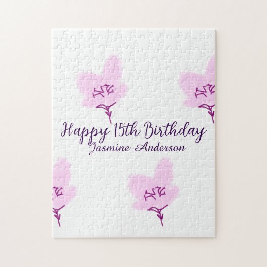 ピンクのマーブルの花の15歳の誕生日+キンセイェーラ+名前 ジグソーパズル (縦)