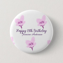 ピンクのマーブルの花の15歳の誕生日+キンセイェーラ+名前 缶バッジ