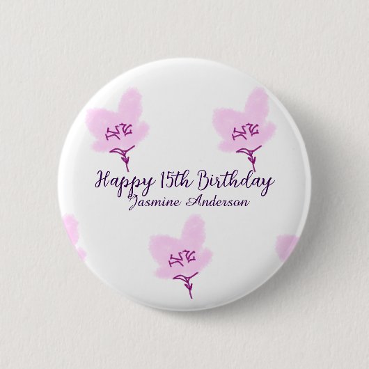 ピンクのマーブルの花の15歳の誕生日+キンセイェーラ+名前 缶バッジ (正面)