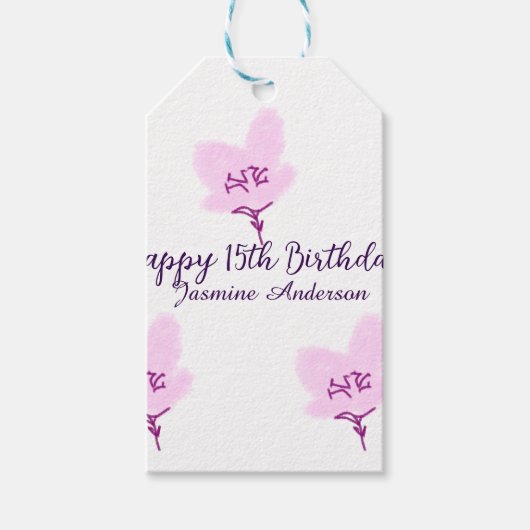 ピンクのマーブルの花の15歳の誕生日+キンセイェーラ+名前+d ギフトタグ (正面)