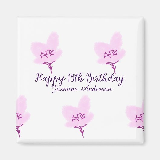 ピンクのマーブルの花の15歳の誕生日+キンセイェーラ+名前+d マグネット (正面)