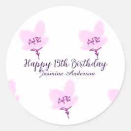 ピンクのマーブルの花の15歳の誕生日+キンセイェーラ+名前+d ラウンドシール