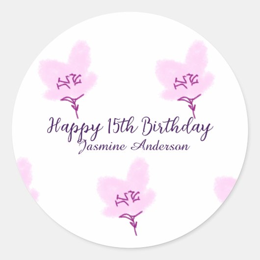 ピンクのマーブルの花の15歳の誕生日+キンセイェーラ+名前+d ラウンドシール (正面)