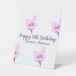 ピンクのマーブルの花の15歳の誕生日+クィンセañera+名前d 台座サイン