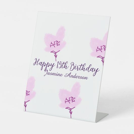 ピンクのマーブルの花の15歳の誕生日+クィンセañera+名前d 台座サイン (正面)
