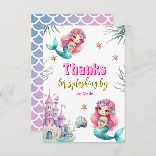 ピンクのマーメイド城の誕生日 サンキューカード (正面/裏面)