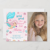 ピンクのマーメイド誕生日招待状と写真 招待状 (正面)